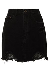 Svart denimminikjol med fransig nederkant, slitna detaljer, knappstängning och klassisk femfickdesign. Mjuk textur och högmidjad stil.