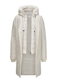 Cremefarbener, langer Mantel mit einer strukturierten Außenschicht und einer abnehmbaren, gesteppte Innenschicht. Verfügt über eine Kapuze und gerippte Bündchen.