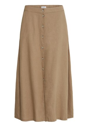 Jupe midi beige à coupe droite, avec une fermeture à boutons sur le devant et une ceinture avec passants, fabriquée en tissu léger.