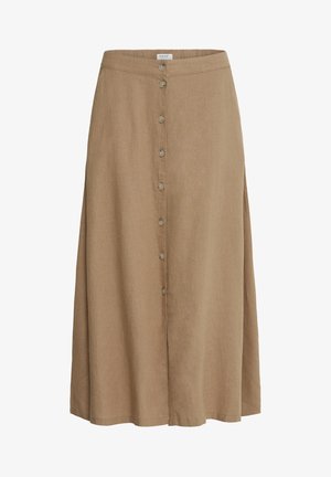 Beige midi nederdel med lige snit, knapper foran og linning med bæltestropper, lavet af letvægtsstof.