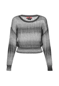 Pulover dintr-un tricot cu gradient argentiu, cu mâneci lungi și gât rotund, având o textură ribbată și un design cropped.