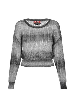 Sølv gradient strikketrøje med lange ærmer og rund halsudskæring, der har ribbet tekstur og et cropped design.