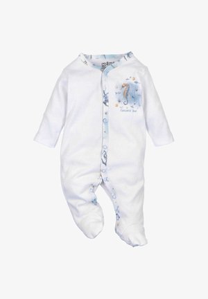 Combinaison pour bébé blanche à manches longues, boutons-pression, avec des motifs marins bleus incluant un hippocampe et le texte "Journée fantastique !"