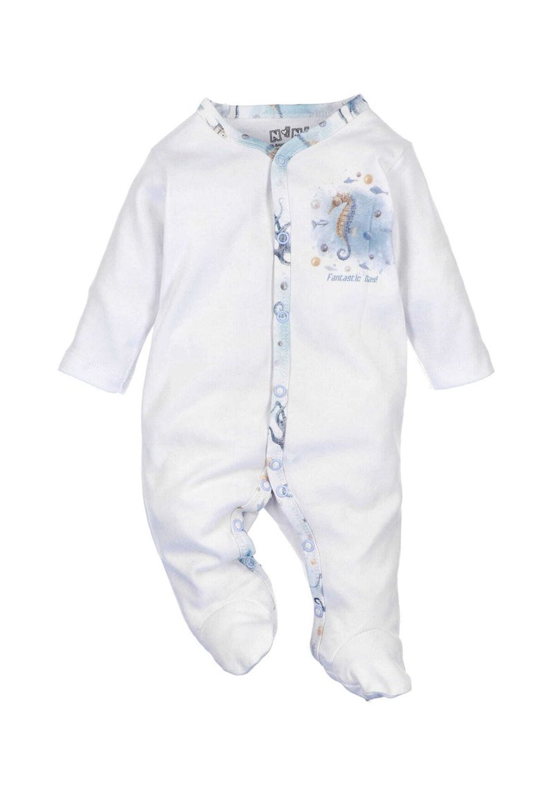 Weißer Baby-Overall mit langenärmeln, Druckknöpfen und blauen Meeresthemen-Designs, einschließlich eines Seepferdchens und dem Text "Fantastischer Tag!"