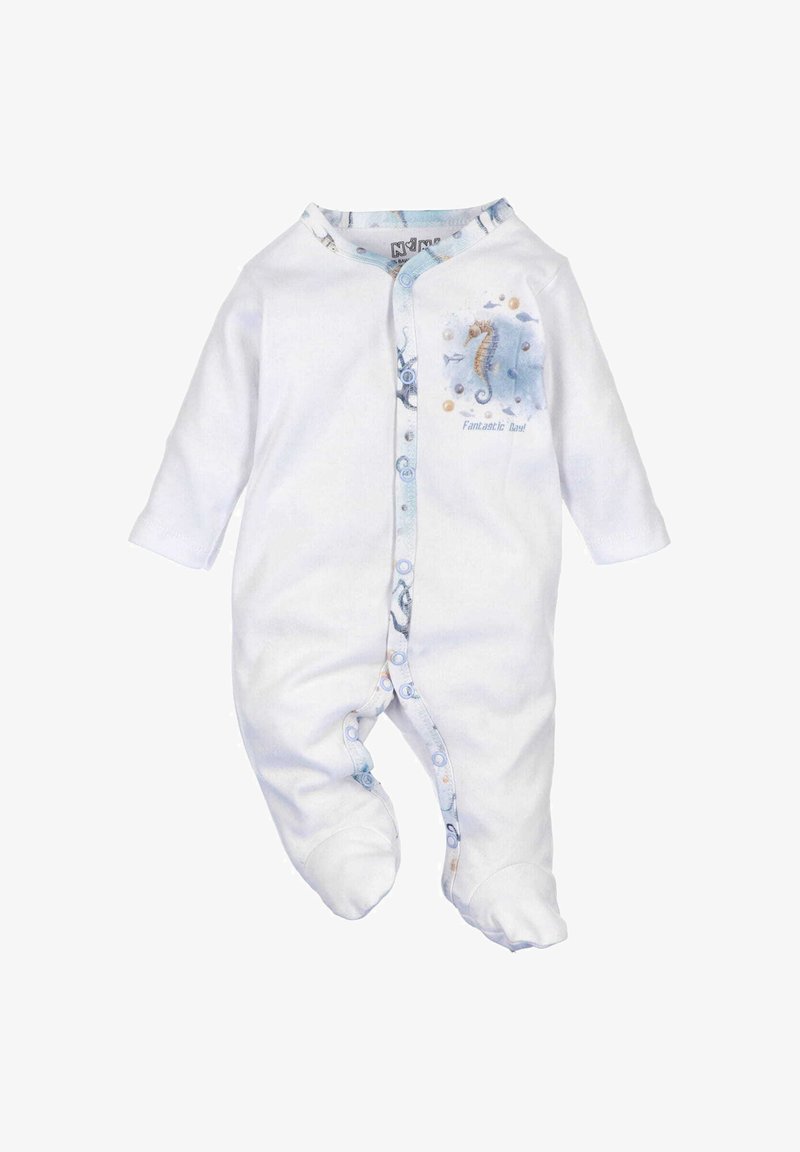Weißer Baby-Overall mit langenärmeln, Druckknöpfen und blauen Meeresthemen-Designs, einschließlich eines Seepferdchens und dem Text "Fantastischer Tag!"