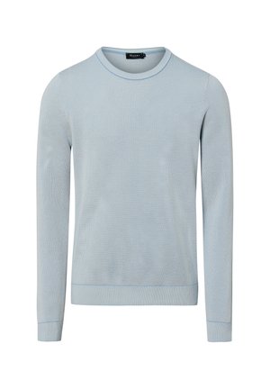 Hellblauer, strukturiert gestrickter Pullover mit langen Ärmeln und Rundhalsausschnitt, mit gerippten Bündchen und Saum, mit dem Etikett Maerz.