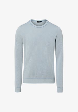Hellblauer, strukturiert gestrickter Pullover mit langen Ärmeln und Rundhalsausschnitt, mit gerippten Bündchen und Saum, mit dem Etikett Maerz.