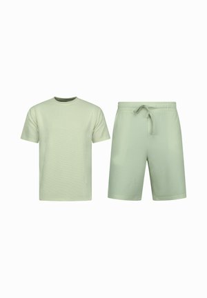 Lichtgroen T-shirt met korte mouwen en ronde hals en bijpassende short met aantrekkoord, effen ontwerp, casual kleding.
