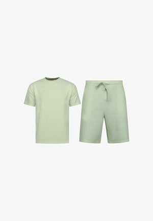 Lichtgroen T-shirt met korte mouwen en ronde hals en bijpassende short met aantrekkoord, effen ontwerp, casual kleding.