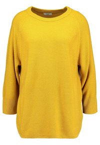 Żółty sweter dziany o teksturowanym wzorze, luźnym kroju, okrągłym dekolcie i trzyczęściowych rękawach. Zaokrąglony dół z prążkowanymi ściągaczami.