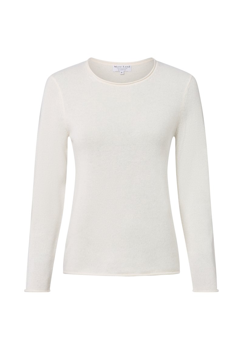 Langemouwen, off-white ronde hals trui met een zachte textuur, weergegeven op een simpele witte achtergrond.