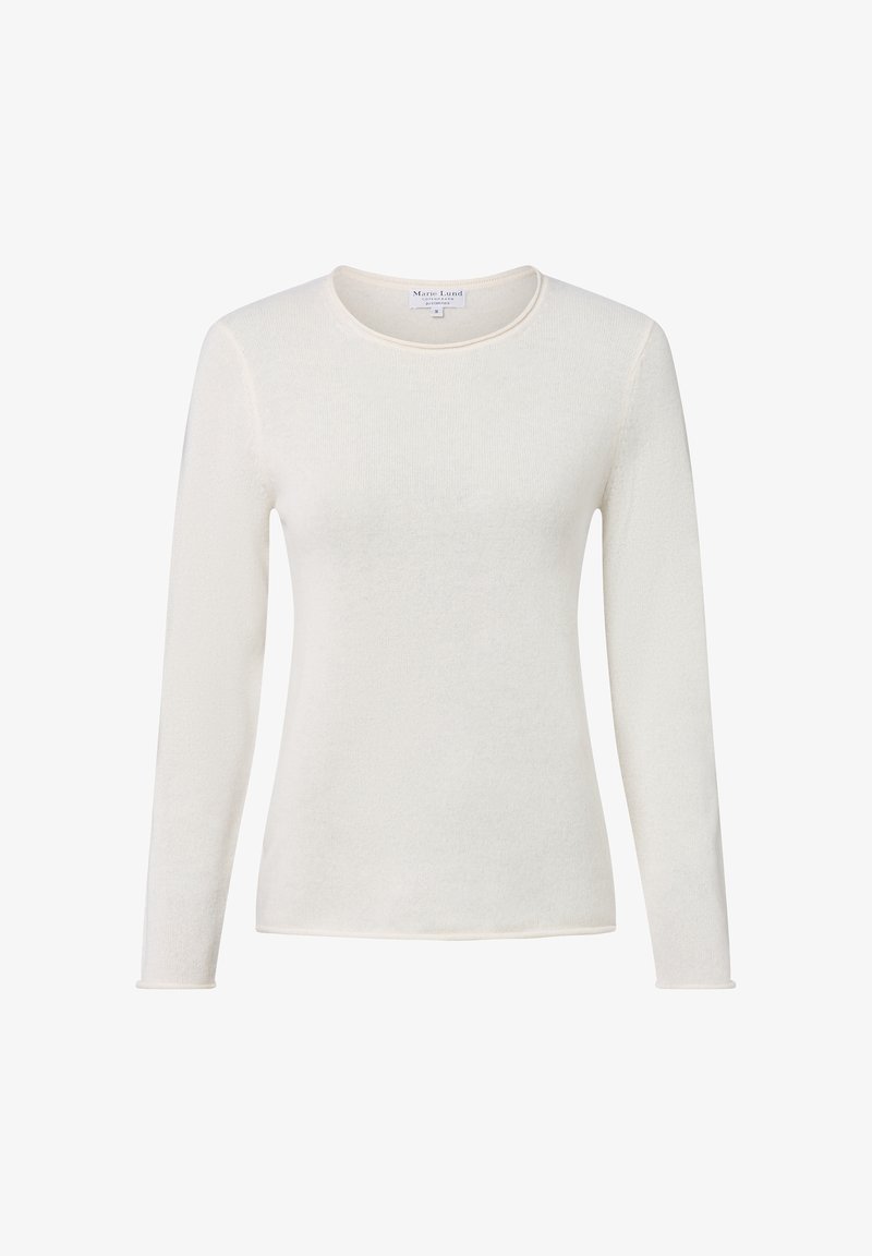 Langärmliger, cremefarbener Rundhalsausschnitt-Pullover mit weicher Textur, vor einem schlichten weißen Hintergrund präsentiert.