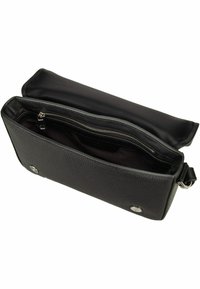 Schwarze Leder-Crossbody-Tasche mit strukturiertem Finish, Reißverschlussverschluss und Innenfach, ausgestattet mit silberfarbenen Hardware und verstellbarem Tragegurt.