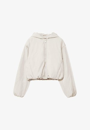 Krátka bomber bunda v svetlo béžovej farbe, so zipsom vpredu, kapucňou a elastickým lemom. Hladký materiál s mierne nadýchanými rukávmi.