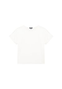 Camiseta blanca de manga corta con cuello redondo, hecha de algodón suave, que presenta un diseño simple y una textura sutil. Sin logotipos visibles.