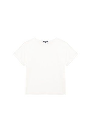 Witte T-shirt met korte mouwen en een ronde hals, gemaakt van zacht katoen, met een eenvoudig ontwerp en subtiele textuur. Geen zichtbare logo's.