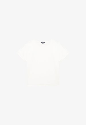 T-shirt bianco a maniche corte con colletto rotondo, realizzato in cotone morbido, caratterizzato da un design semplice e una texture sottile. Nessun logo visibile.