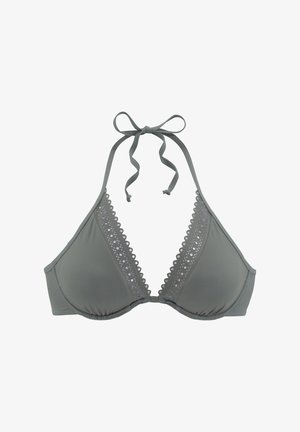 Gray triangle bikini top with scalloped trim along the neckline and halter tie. Smooth texture and soft fabric for comfort.