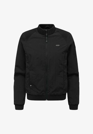 Schwarze Bomberjacke mit Reißverschluss, geripptem Kragen, Bündchen und Saum, mit strukturierten Schulterpanelen und einem kleinen Logo auf der Brust.