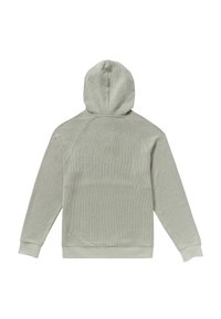 Lichtgrijze hoodie gemaakt van ribgebreid stof, met een kangoeroezak en aansluitende boorden, met een gladde textuur en een eenvoudig ontwerp.