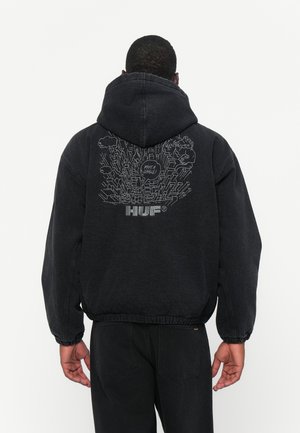 Black hooded sweatshirt with a relaxed fit, featuring a graphic design of cityscapes and text on the back; crafted from soft cotton blend.