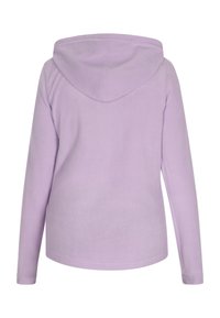 Felpa in pile lilla con maniche lunghe, una consistenza morbida e un cappuccio. Design semplice senza tasche o chiusure.