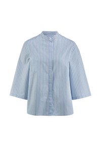 Camicia a strisce blu e bianche con colletto alto, maniche a metà e chiusura frontale con bottoni. Il tessuto appare liscio con una leggera lucentezza.