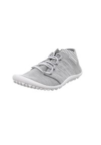 Lightweight gray athletic shoe with a mesh upper, elastic laces, and textured white rubber sole; seamless design and minimal branding.
