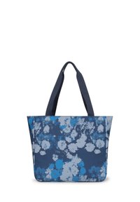 Sac fourre-tout à motif floral en bleu marine avec des accents bleu clair et blanc. Dispose de poignées robustes et d'une forme rectangulaire structurée.