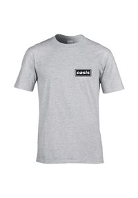 Grå bomulds t-shirt med korte ærmer, der har et sort rektangulært logo, der siger "oasis" på venstre brystområde.