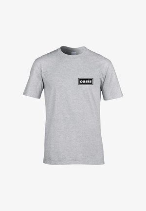 Gray cotton t-shirt with short sleeves, featuring a black rectangular logo that reads "oasis" on the left chest area.
