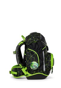 Black backpack with green geometric patterns, adjustable straps, side pocket with clip, and circular decorative element. Textured fabric.