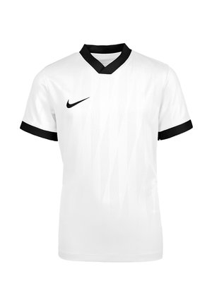 Biała sportowa koszulka z krótkim rękawem, czarnym kołnierzem w kształcie litery V, czarnymi mankietami, subtelnymi wzorami i czarnym logo Nike na prawej piersi.