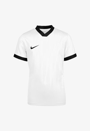 Biała sportowa koszulka z krótkim rękawem, czarnym kołnierzem w kształcie litery V, czarnymi mankietami, subtelnymi wzorami i czarnym logo Nike na prawej piersi.
