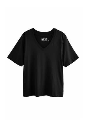 Sort kortærmet V-hals T-shirt lavet af blødt bomuld. Har en afslappet pasform og et mærke med "NEXT" branding ved halsen.