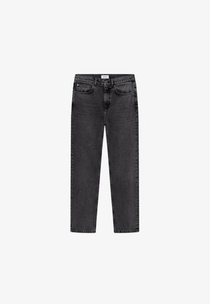 Jeans negri din denim cu un design drept, cinci buzunare și închidere cu nasture. Materialul are o textură ușor decolorată.