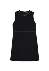 Schwarzes ärmelloses Kleid mit rundem Ausschnitt, verziert mit dekorativen schwarzen Nieten. Glattes Material mit tailliertem Oberteil und ausgestelltem Rock.