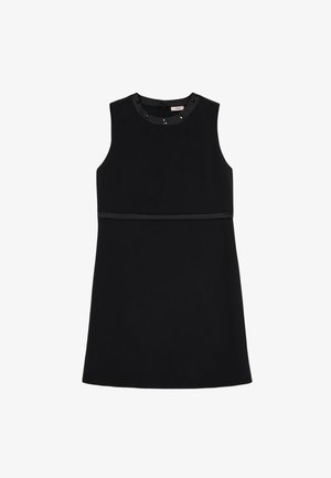 Robe noire sans manches avec un col rond, ornée de clous noirs décoratifs. Tissu lisse avec un corsage ajusté et une jupe évasée.