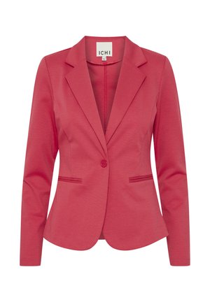 Rózsaszín, testhez simuló blézer egy gombos záródással, bevágott gallérral, két első zsebbel és sima szövetű anyaggal.