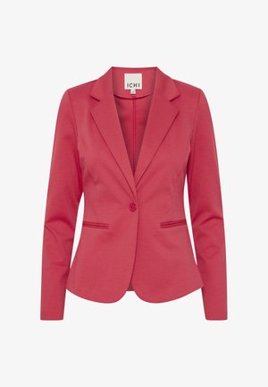 Sacou roz ajustat, cu închidere cu un singur nasture, revere crestate, două buzunare frontale și textură netedă a țesăturii.