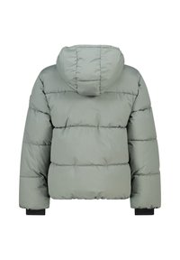 Giacca puffer grigio chiaro con cappuccio, cuciture orizzontali e polsini elastici neri, vista da dietro su uno sfondo bianco.