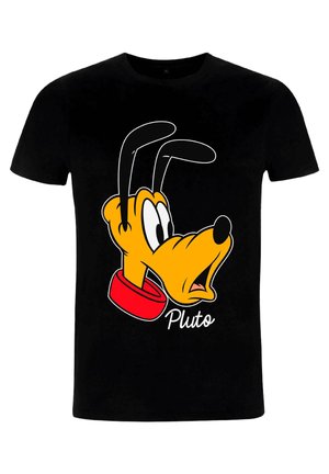 Zwart t-shirt met een grote, kleurrijke afbeelding van Pluto de hond, met zijn herkenbare gele gezicht, zwarte oren en rode halsband.