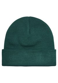 Groene gebreide beanie muts, zachte textuur, omgeslagen boord, cilindervorm, minimalistisch ontwerp, gelijkmatige steekpatroon, stof van gemiddelde dikte.