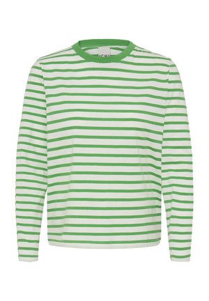 Cămașă cu mâneci lungi, cu dungi albe și verzi, având un guler rotund și material moale, cu dungi orizontale uniform spațiate.