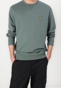 Felpa verde oliva realizzata in morbido tessuto, con scollo a girocollo e polsini a costine, con un piccolo logo giallo sul lato sinistro del petto.