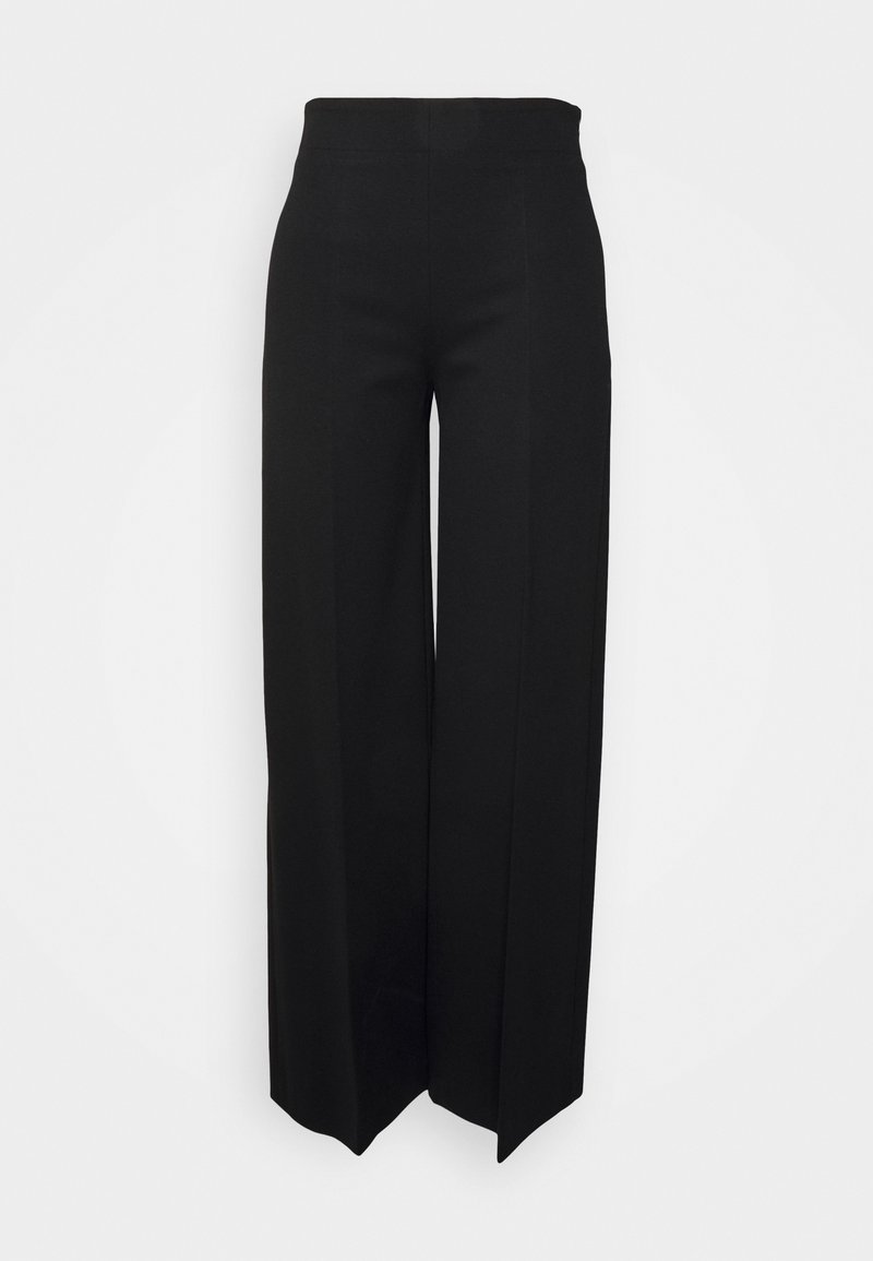 Pantalon noir à jambes larges et taille haute, coupe droite avec devant épuré sans poches ni boutons visibles.