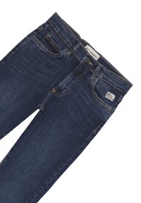 Jeans in denim blu scuro, con un taglio classico, dettagli di doppia cucitura e tasche frontali. Etichetta Roy Roger's visibile sulla vita.