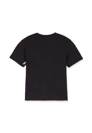 T-shirt en coton noir à manches courtes, col rond et texture lisse. Présente un texte blanc sur la manche gauche.