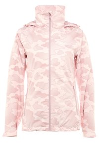 Veste à motif camouflage rose clair avec fermeture éclair, col montant, manches longues et poches latérales zippées.