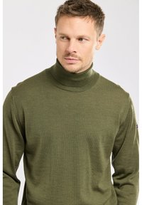 Homme avec des cheveux courts portant un pull à col roulé vert olive, regardant légèrement sur sa gauche devant un fond clair.